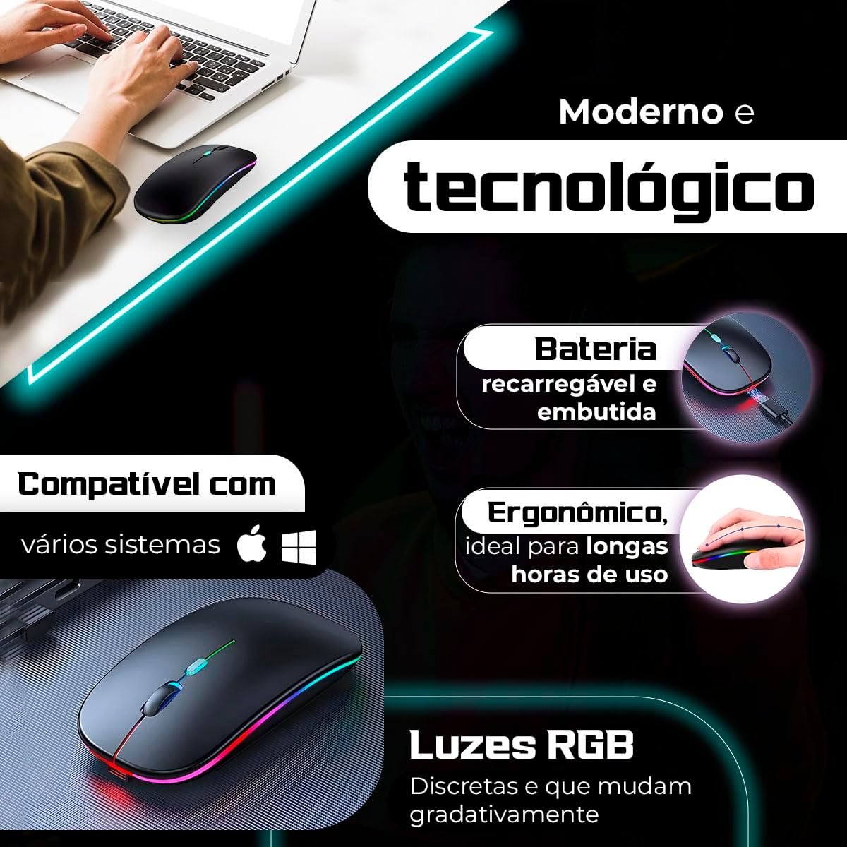 Mouse Sem Fio Recarregável Wireless Bluetooth